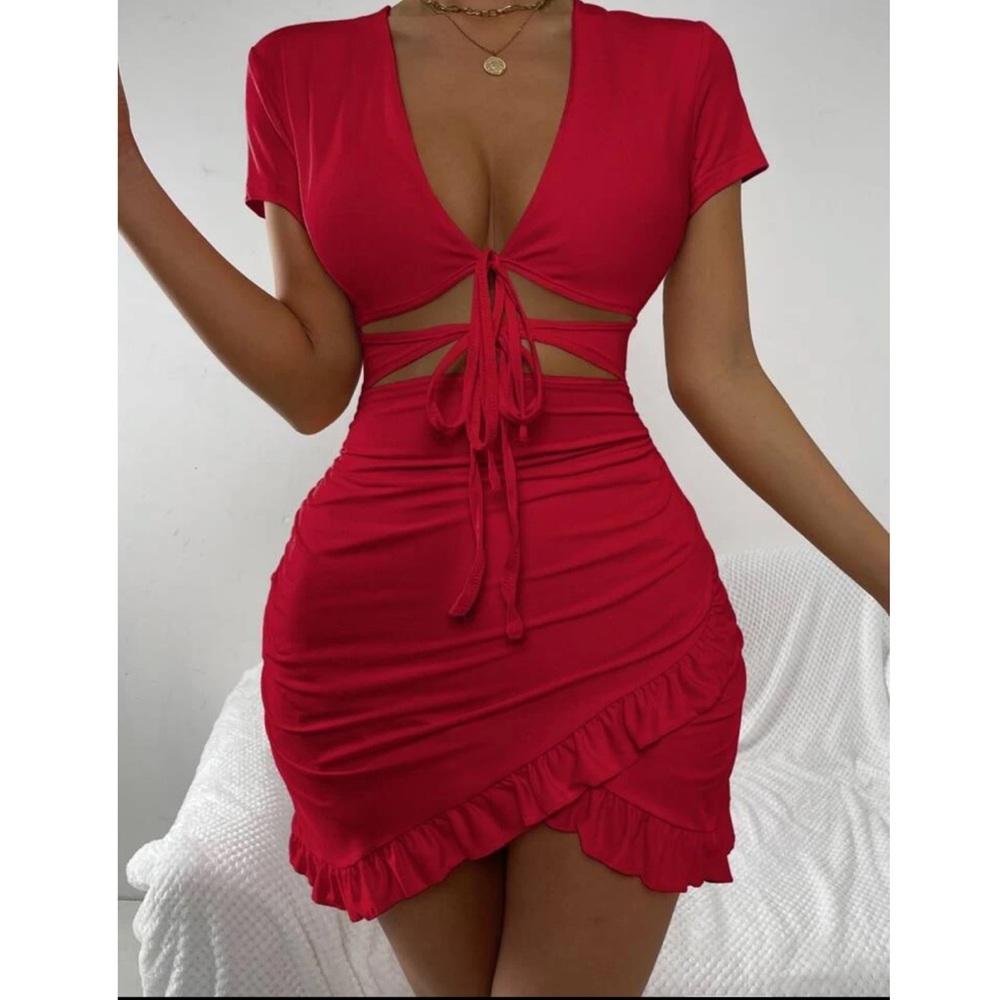 NEVER WORN! XS Red Front Ruffle Trim Wrap Dress